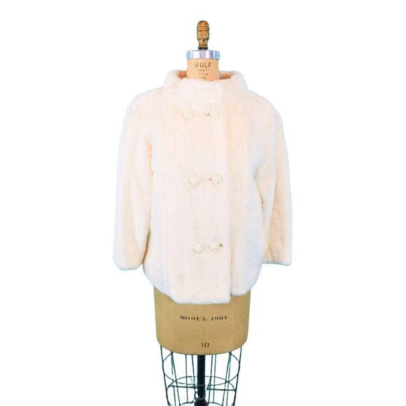 Vintage 1960s Faux Fur Jacket White Rhinestone Buttons Glamorous Evening - Picture 2 of 10